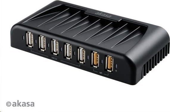 AKASA HUB USB Connect 7FC, 5x USB 2.0, 2 USB-laddningsportar, extern, med nätadapter