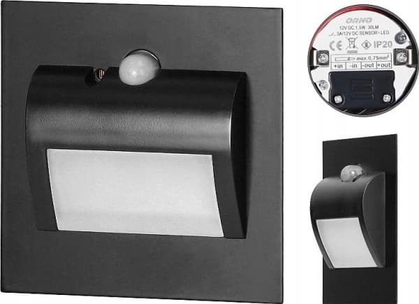 Orno DRACO LED NEW 1,5W, infälld trapparmatur, 12VDC, 30lm, 4000K, svart, rörelse- och skymningssensor