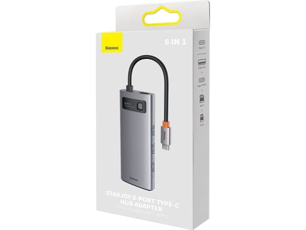 Hub 6w1 Baseus Metal Gleam Series, USB-C do 3x USB 3.0 + USB-C PD + microSD/SD
