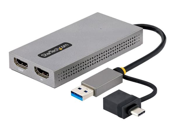StarTech.com USB to Dual HDMI Adapter, USB A/C to 2x HDMI Monitors (1x 4K 30Hz, 1x 1080p), Integrated USB-A to C Dongle, 4in/11cm Cable, Windows & ma Grå