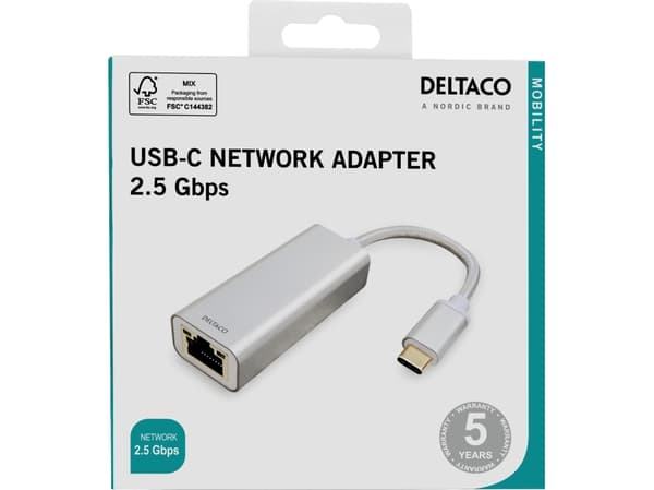 USB-C verkkosovitin DELTACO, 2,5G, alumiini / USBC-GIGA6
