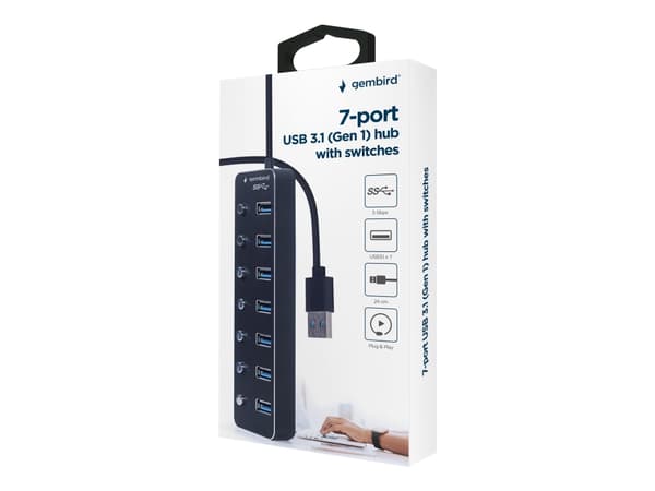 Gembird - Hub - with switches, black - 7 x USB 3.1 Gen 1 - stasjonær