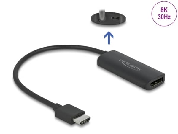 Delock - High Speed - videokort - HDMI, Mikro-USB typ B (endast ström) hane till DisplayPort hona - 18 cm - svart - 8K30 Hz (7680 x 4320) stöd, 3D-vi