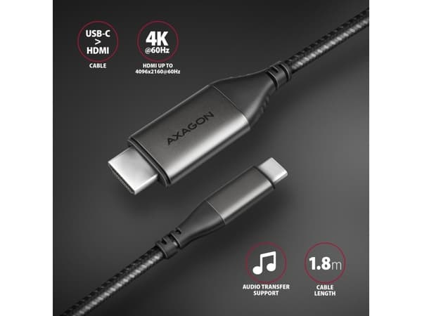 Axagon RVC-HI2MC, 1,8 m, USB Type-C, HDMI, urosliitin, urosliitin, suora liitin, suora