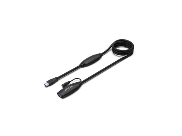 Unitek - USB-förlängningskabel - USB typ A (hane) till USB typ A, DC-jack 3,5 x 1,35 mm (hona) - 5 V - 2 A - 15 m - aktiv - svart