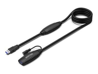 Unitek - USB-förlängningskabel - USB typ A (hane) till USB typ A, DC-jack 3,5 x 1,35 mm (hona) - 5 V - 2 A - 15 m - aktiv - svart