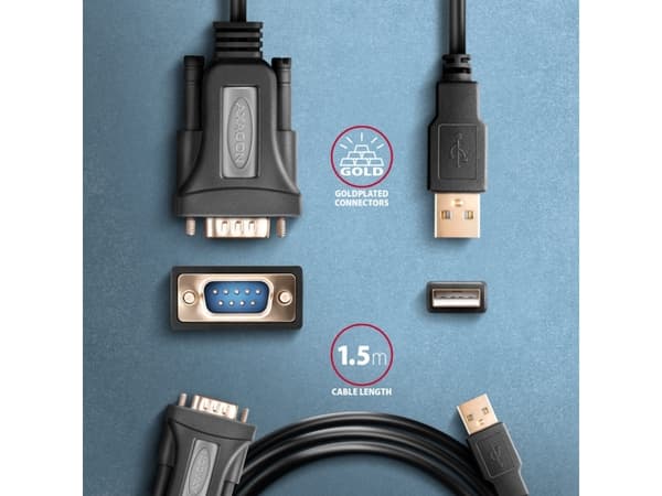 Axagon ADS-1PQN USB-A 2.0 - serial RS-232 DB9-M FTDI adapter cable 1.5m - Adapter - Digital/Daten, Svart, 1,5 m, USB Type-A, RS-232, Hankoppling, Han