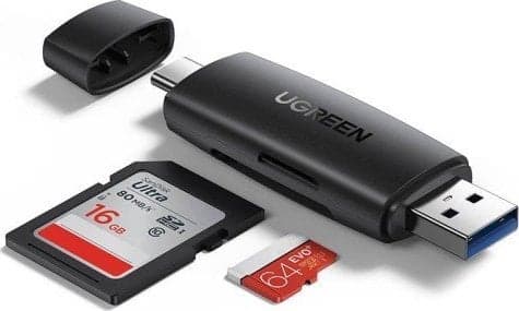 USB + USB-C-sovitin UGREEN CM304 SD + microSD-kortinlukija (musta)