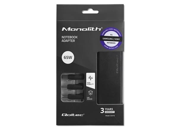Qoltec-erikoisvirtalähde Samsungille | Sonylle 65W | 3 pistoketta | + virtajohto