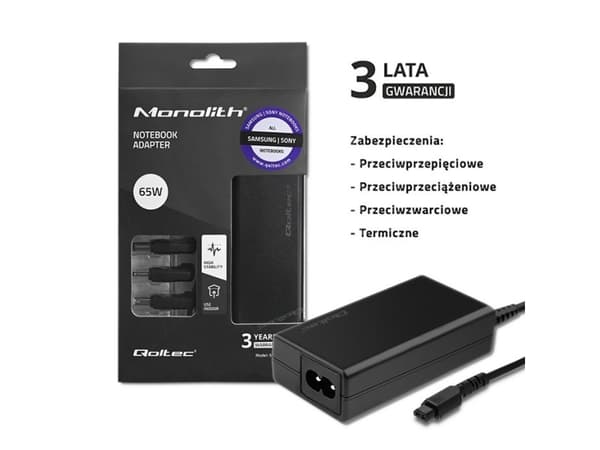 Qoltec-erikoisvirtalähde Samsungille | Sonylle 65W | 3 pistoketta | + virtajohto