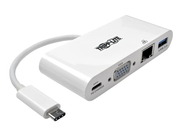 Tripp Lite USB C - VGA moniporttinen videosovitin muunnin w/ USB-A keskittimellä, USB-C PD latausportilla ja Gigabit Ethernet portilla, Thunderbolt 3