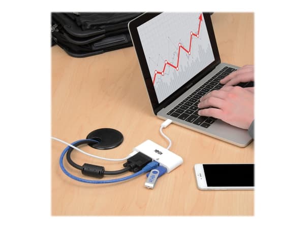 Tripp Lite USB C - VGA moniporttinen videosovitin muunnin w/ USB-A keskittimellä, USB-C PD latausportilla ja Gigabit Ethernet portilla, Thunderbolt 3