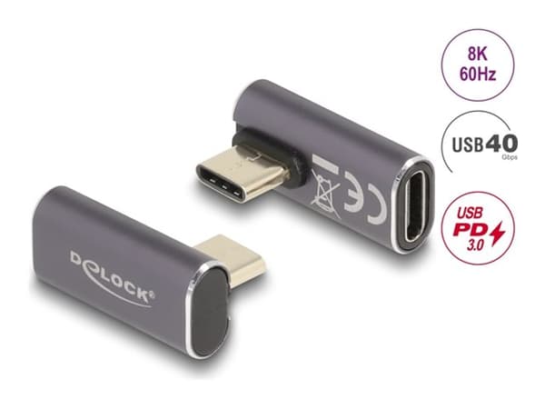 Delock USB-sovitin 40 Gbps USB Type-C PD 3.0 100 W uros ja naaras käännetty kulma vasemmalle/oikealle 8K 60 Hz metallia