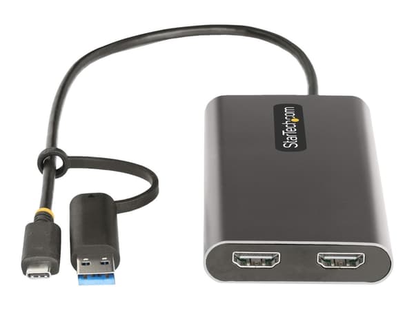 StarTech.com USB-C to Dual-HDMI Adapter, USB-C or A to 2x HDMI, 4K 60Hz, 100W PD Pass-Through, 1ft (30cm) Built-in Cable, External Video Graphics Ada