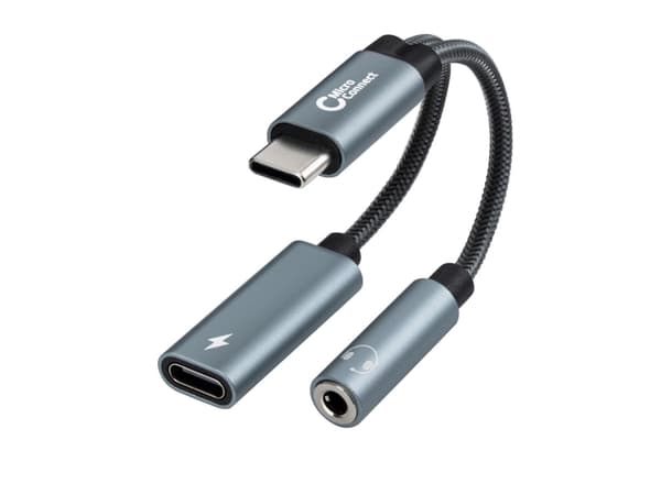 MicroConnect - USB-C til hodetelefonjakk / ladeadapter - 24 pin USB-C hann til USB-C (PD), 3,5 mm telefonjakk hunn - 13 cm - sølv - USB-C Power Deliv