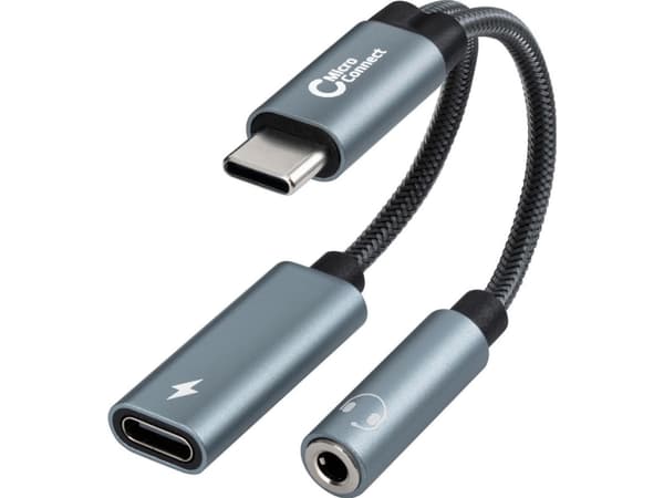 MicroConnect - USB-C til hodetelefonjakk / ladeadapter - 24 pin USB-C hann til USB-C (PD), 3,5 mm telefonjakk hunn - 13 cm - sølv - USB-C Power Deliv
