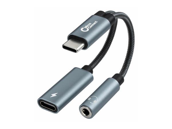 MicroConnect - USB-C til hodetelefonjakk / ladeadapter - 24 pin USB-C hann til USB-C (PD), 3,5 mm telefonjakk hunn - 13 cm - sølv - USB-C Power Deliv