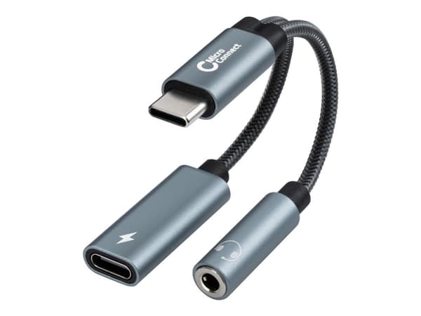 MicroConnect - USB-C til hodetelefonjakk / ladeadapter - 24 pin USB-C hann til USB-C (PD), 3,5 mm telefonjakk hunn - 13 cm - sølv - USB-C Power Deliv