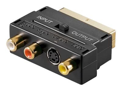 Wentronic Goobay Scart-sovitin, SCART-pistoke (21-nastainen), musta - Scart-pistoke &gt; 3 x Cinch-pistoke + 4-nastainen mini DIN-pistoke (50499)