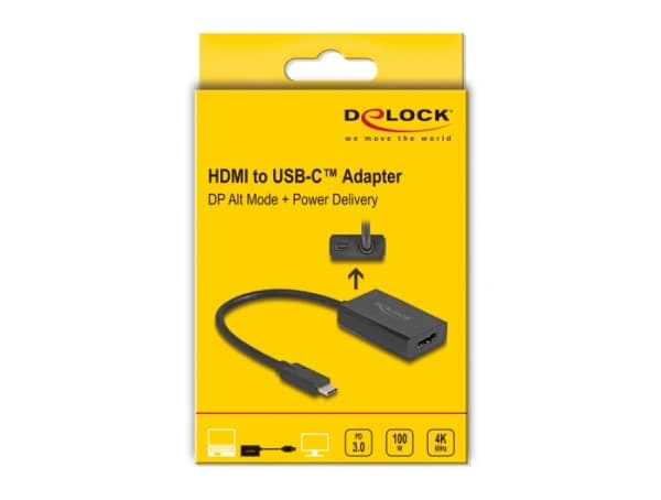 Delock - Videokort - HDMI, 24 pin USB-C hona till 24 pin USB-C hane - 15 cm - svart - USB-strömförsörjning (100W), Stöd för Power Delivery 3.0