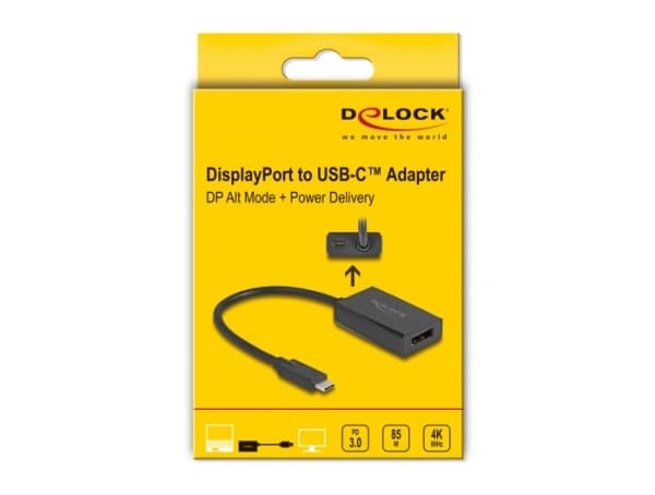 Delock - USB-kabel - 24 pin USB-C (hann) til DisplayPort, USB-C (PD) (hunn) - DisplayPort 1.2 - 15 cm - 4K-støtte, USB Power Delivery (85W) - svart