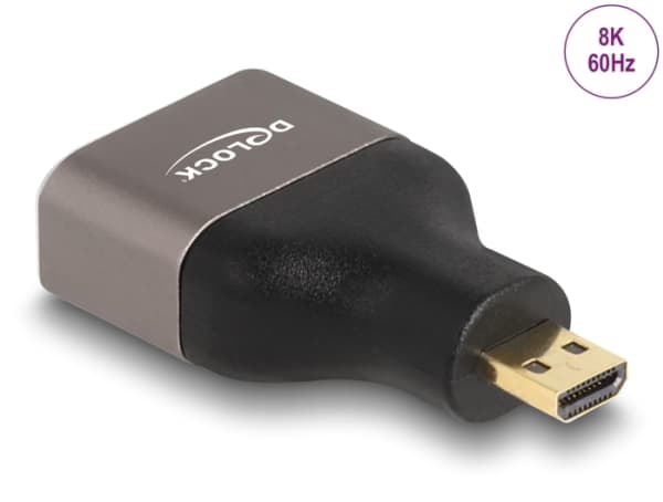 Delock - High Speed - HDMI-adapter med Ethernet - 19 pin micro HDMI Type D hann til HDMI hunn - svart/grå - 8 K 60 Hz (7680 x 4320) støtte
