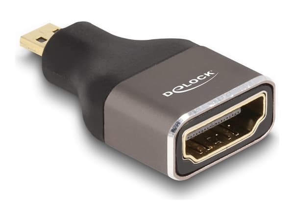 Delock - High Speed - HDMI-adapter med Ethernet - 19 pin micro HDMI Type D hann til HDMI hunn - svart/grå - 8 K 60 Hz (7680 x 4320) støtte