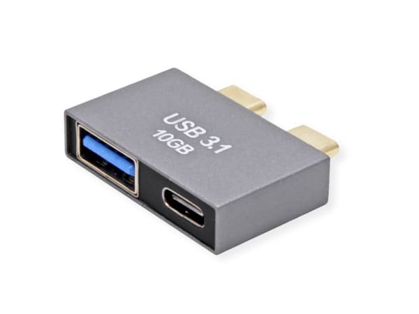 USB 3.2 Gen 2-adapter, 2x USB typ C - 1x typ A + 1x C, ST/BU, silverfärgad