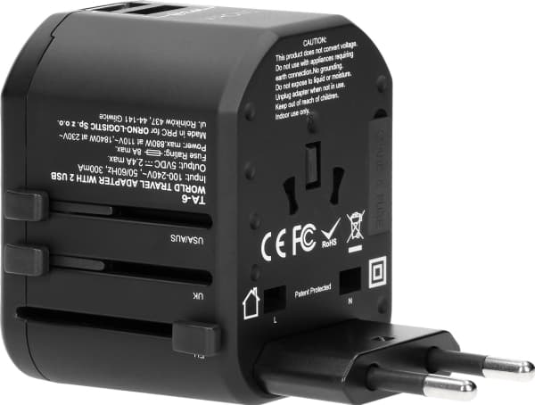Orno reiseadapter for Go World US/UK/EURO/AUS-kontakter (USB 5V, 2,4A)