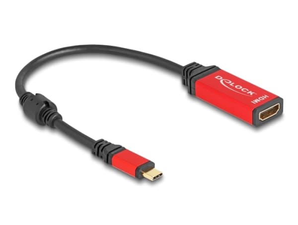 Delock - Video adapter - 24 pin USB-C hann til HDMI hunn - 20 cm - sort / rød - 8 K 60 Hz (7680 x 4320) støtte, Støtte for DP Alt-modus, HDR10-støtte