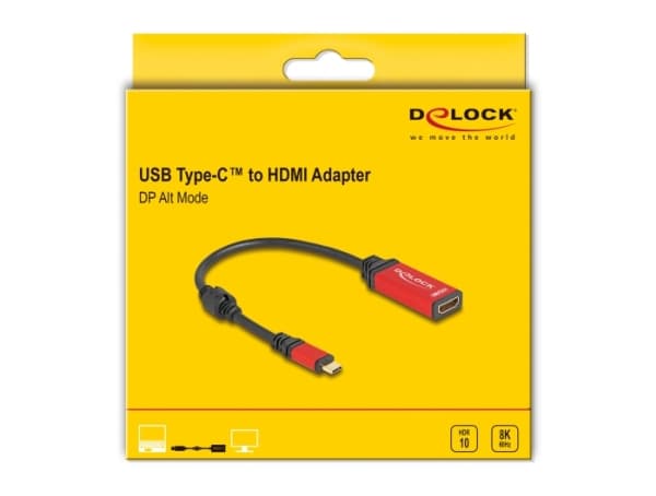 Delock - Video adapter - 24 pin USB-C hann til HDMI hunn - 20 cm - sort / rød - 8 K 60 Hz (7680 x 4320) støtte, Støtte for DP Alt-modus, HDR10-støtte