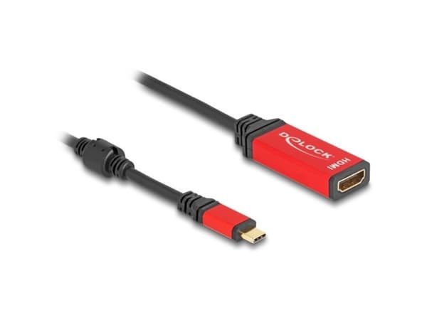 Delock - Video adapter - 24 pin USB-C hann til HDMI hunn - 20 cm - sort / rød - 8 K 60 Hz (7680 x 4320) støtte, Støtte for DP Alt-modus, HDR10-støtte