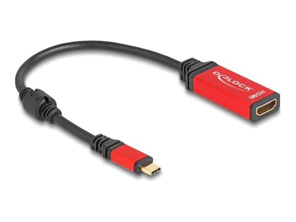 Delock - Video adapter - 24 pin USB-C hann til HDMI hunn - 20 cm - sort / rød - 8 K 60 Hz (7680 x 4320) støtte, Støtte for DP Alt-modus, HDR10-støtte