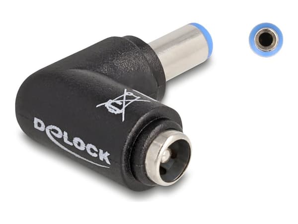 Delock DC-sovitin 5,5 x 2,1 mm:n pistoke 5,5 x 2,1 mm:n pistorasiaan 90° kulmassa