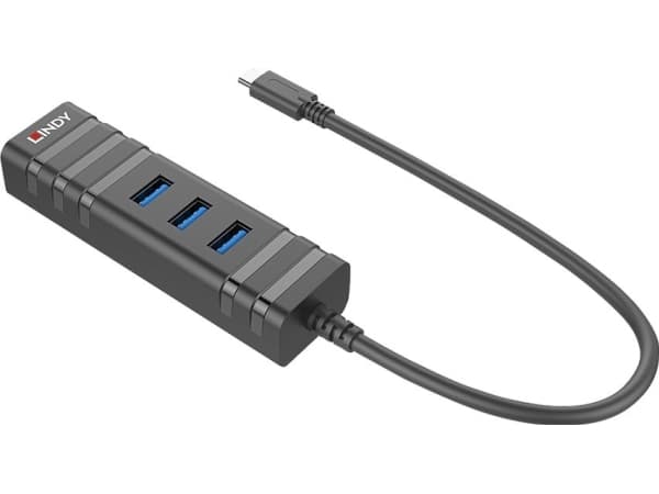Lindy 43249, USB 3.2 Gen 1 (3.1 Gen 1) Typ-C, RJ-45, USB 3.2 Gen 1 (3.1 Gen 1) Typ-A, 5000 Mbit/s, Sort, Plast, 0,26 m