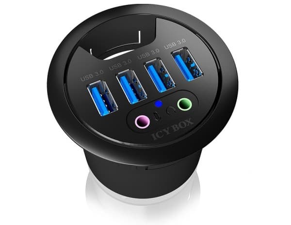 ICY BOX IB-HUB1403A, USB 3.2 Gen 1 (3.1 Gen 1) Type-A, 3,5mm, USB 3.2 Gen 1 (3.1 Gen 1) Type-A, 5000 Mbit/s, Svart, Plast, Energiljus