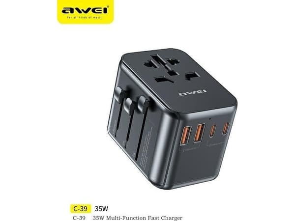 Awei lader AWEI Adapter nettverk 2xUSB+3xUSB-C C-39 35W 4in1 US/AU/EU/UK svart/svart Univesal Travel GaN Lader