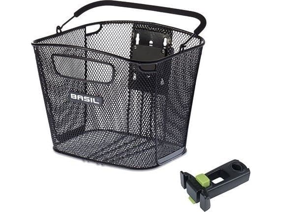 Basil styrstamskorg BASIL BOLD FRONT KF + KLICKFIX ADAPTER + STYRHÅLLARE ( dia.22.4-28.6mm) avtagbar stål svart (NY 2024)