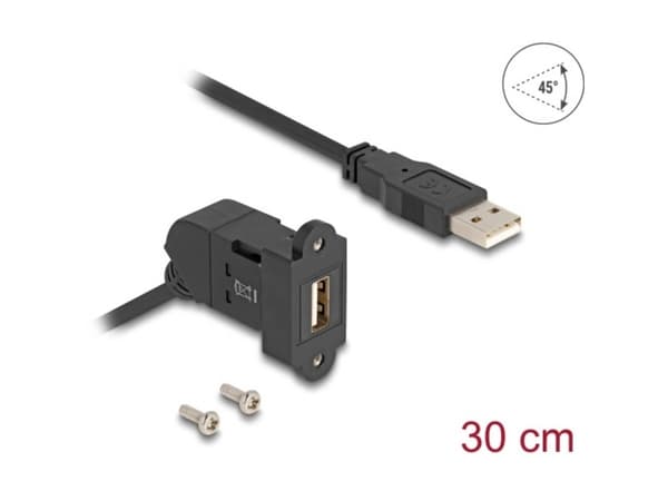 Delock USB 2.0 Type-A innebygd stikkontakt 45° vinklet til Type-A-plugg med 30 cm svart kabel