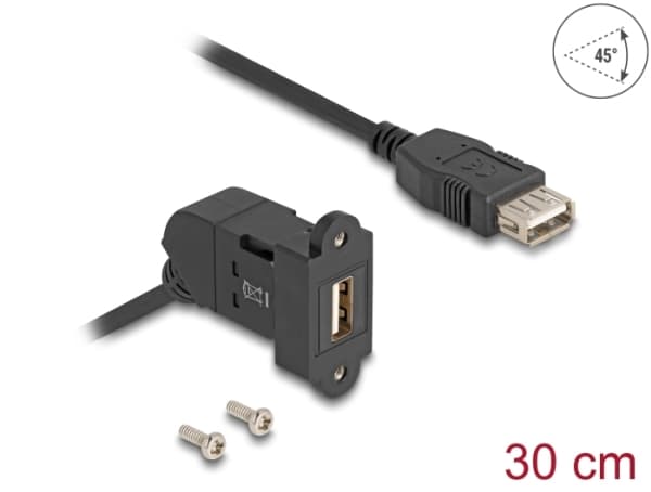 Delock USB 2.0 Type-A naaras paneeliasennusliitin 45° kulmassa Type-A naaraaseen 30 cm:n kaapelilla musta