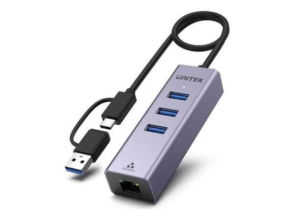 Unitek 4-in-1 Ethernet Hub - Hubb - 3 x SuperSpeed USB 3.0 + 1 x 1 Gigabit Ethernet - skrivbordsmodell