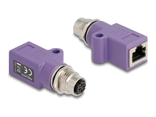 Delock M12 adapter D-kodet 4 pins kontakt til RJ45 kontakt Cat.5e med rett monteringshull lilla