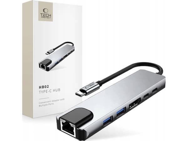 TECH-PROTECT HB02 HUB ADAPTER 6IN1 TYPE-C + USB2.0 + USB3.0 + HDMI 4K 30HZ + RJ45 + PD100W SPACE GREY
