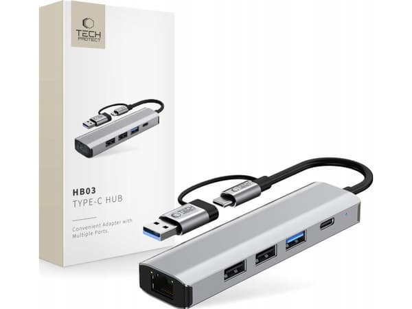 TECH-PROTECT HB03 HUB ADAPTER 5IN1 TYPE-C + USB2.0 + USB3.0 + RJ45 SPACE GREY