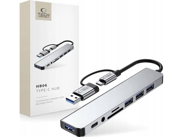 TECH-PROTECT HB06 HUB ADAPTER 9IN1 TYPE-C + USB2.0 + USB3.0 + SD/TF + AV3.5 SPACE GREY