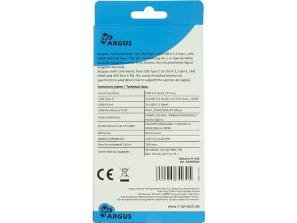Inter-Tech Adapteris Argus H-428 7in1, USB C, HDMI 4K, PD 100W