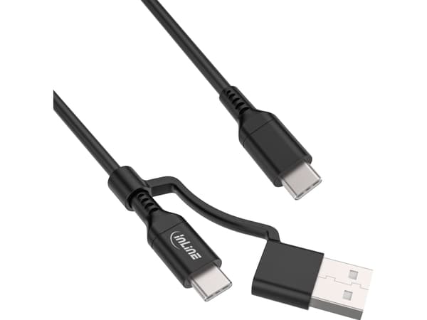 InLine® 2-in-1 USB-C-kaapeli + USB-A-sovitin, USB 2.0, 100W, TPE, musta, 2m, 2m