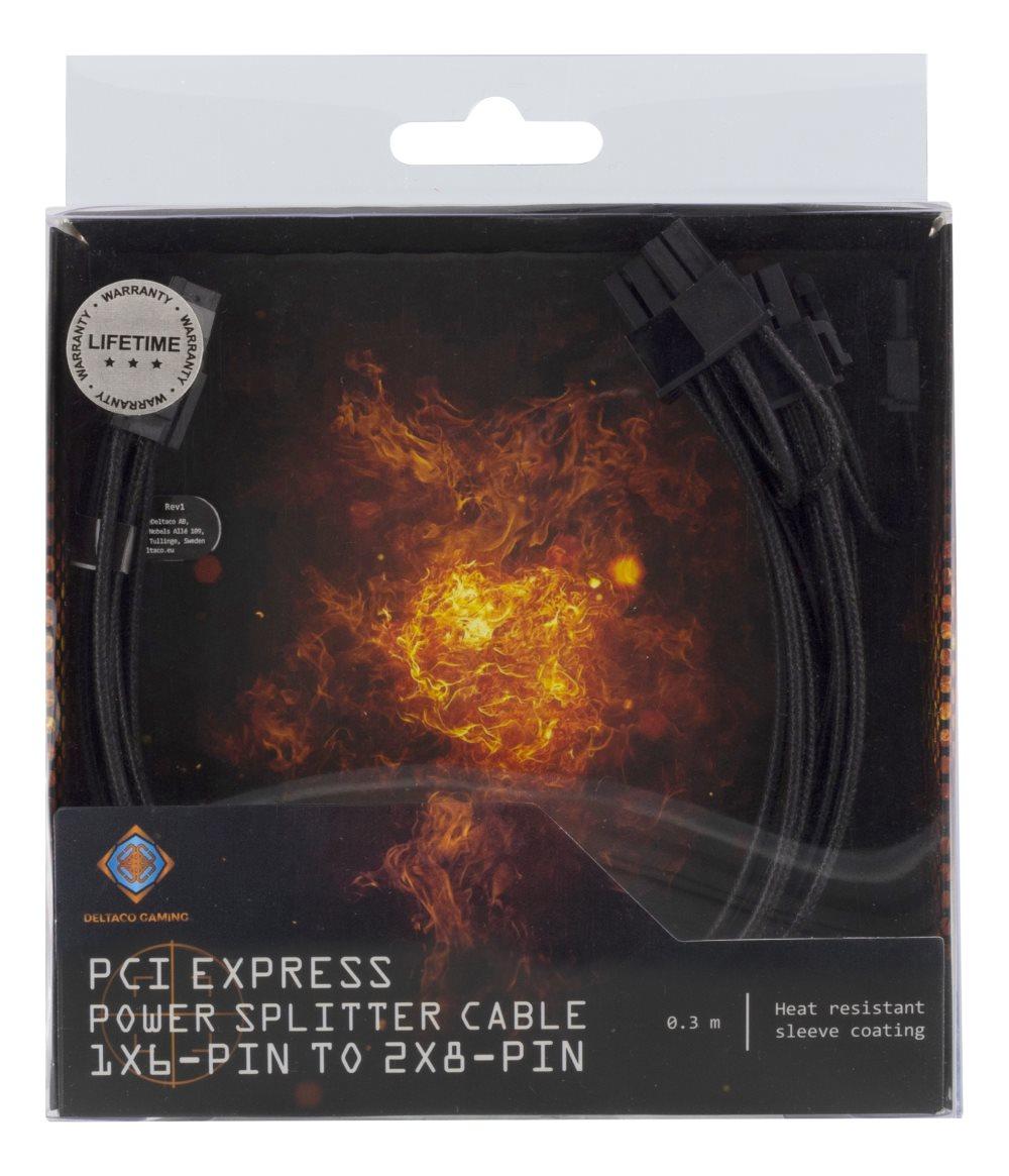 DELTACO GAMING PCI-Express Splitterkabel, 0,3m, 1x6-pin - 2x6+2-pin, s