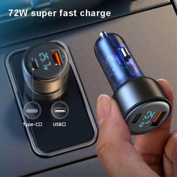 ROCK H16 72W meget hurtig biloplader Hurtig opladningsadapter USB-C+USB