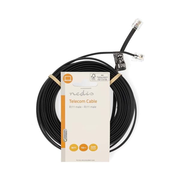 Nedis Telekomkabel | RJ11 Hane | RJ11 Hane | 10.0 m | Kabelns utformning: Platt | Guldplaterad | Kabeltyp: RJ11 | Svart | Label